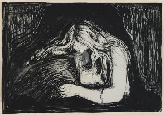 Edvard Munch Vampire II, 1895 pietra litografica, inchiostro e raschietto, stampata da Clot, Parigi 38,7 x 56 cm. Ars Longa, collezione Vita Brevis © The Munch Museum / The Munch-Ellingsen Group by SIAE 2013