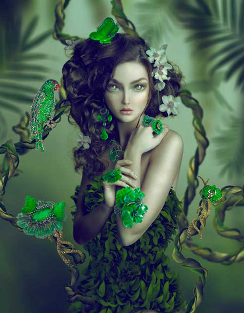 Lydia Courteille - Amazonia - fashion model with large hairstyle and flowers in her hair.