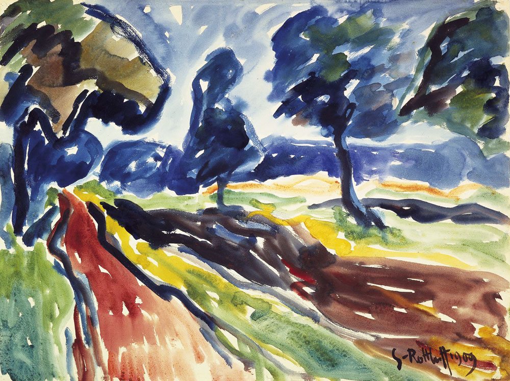 Karl Schmidt-Rottluff - Sentiero in autunno inchiostro e  acquerello,  anno 1909, 49,5x65,5 cm. Brücke-Museum, Berlino  © Karl Schmidt-Rottluff by SIAE 2015