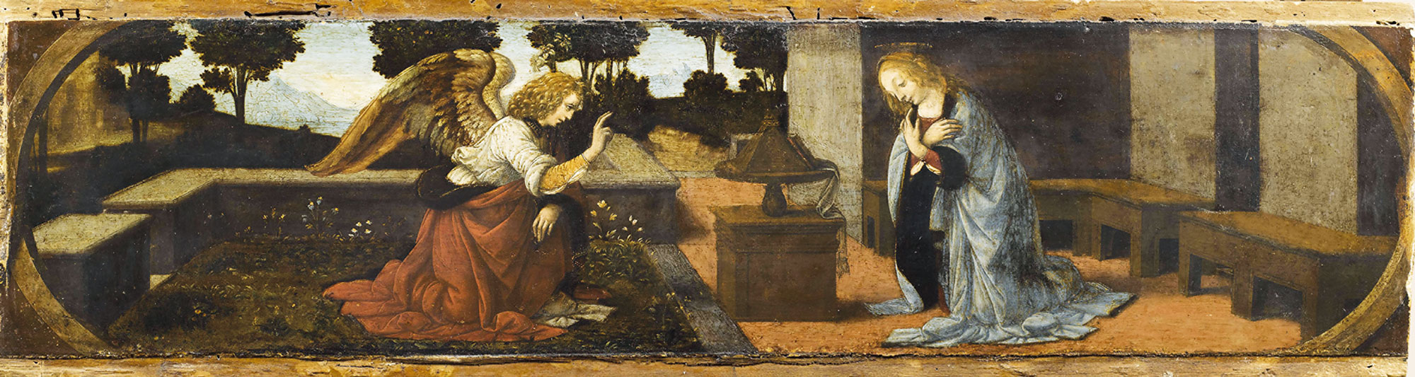 Leonardo da Vinci (e Lorenzo di Credi?) - Annunciazione olio su tavola di pioppo, anno 1478-1480 circa, 16x60 cm. Parigi, Musée du Louvre, Département des Peintures, già in Collezione Campana, Roma, entrato al Louvre nel 1863