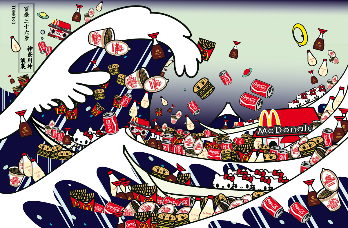 TOMOKO NAGAO -Hokusai The Great Wave of Kanazawa with mc cup noodle, kewpie, kikkoman and kitty. 2012, Digital-Art, 50x70 cm