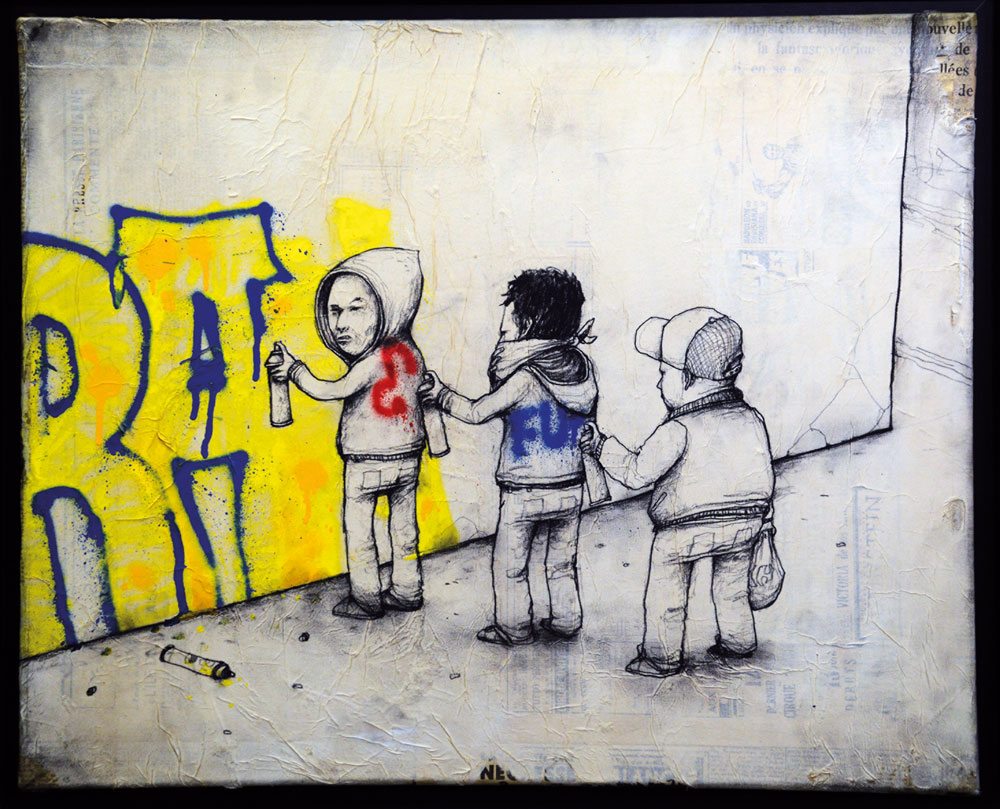 Dran - Art of Buffing 2010, matita, tempera e spray su carta incollata su tela, 50x61 cm. Collezione Jacques et Thierry, Parigi ©