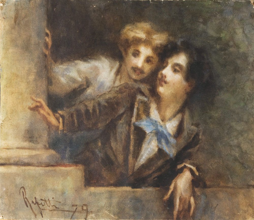 Sotto: Camillo Rapetti Al balcone (I curiosi) 1879, acquarello, 50x58 cm. Collezione privata