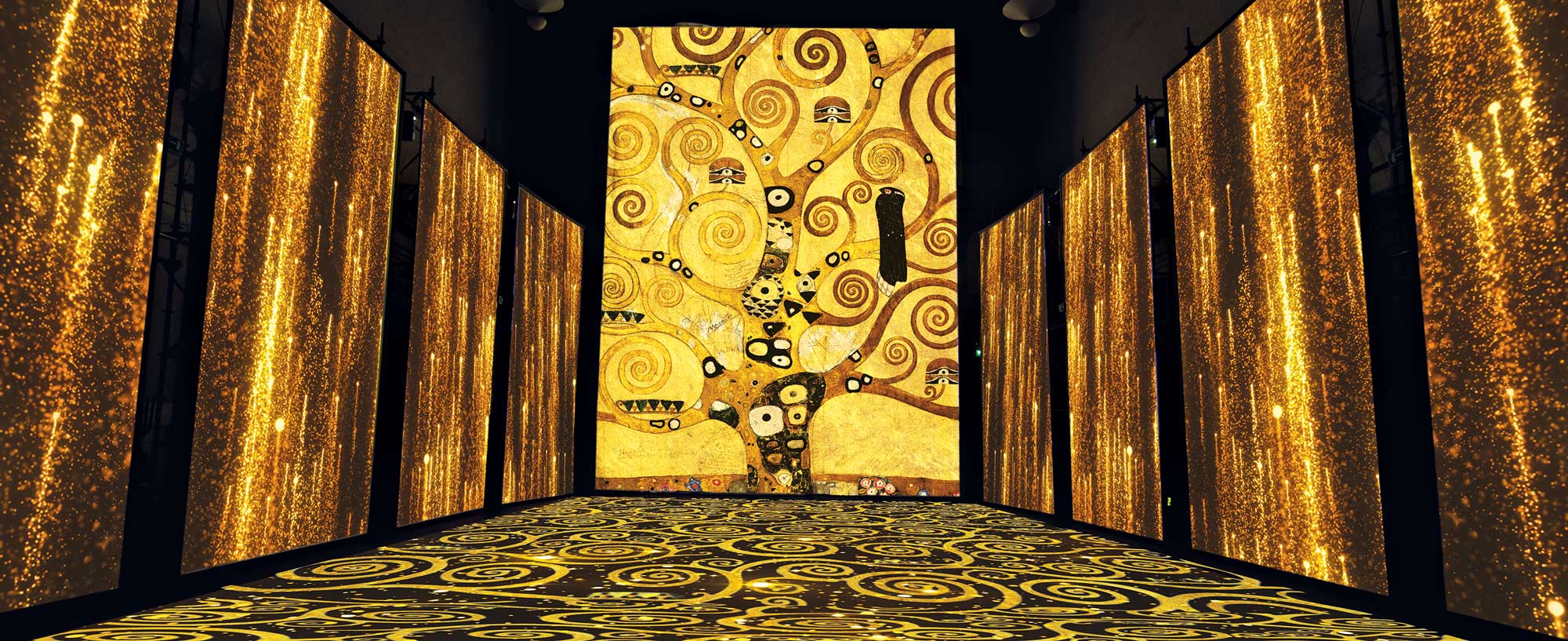 Le proiezioni interagiscono con l’ambiente che le ospita, ridisegnandolo e valorizzandolo. I motivi tratti dai dipinti più celebri del grande artista rivestono lo spazio e avvolgono lo spettatore. Particolare e texture ispirate a G. Klimt, L’albero della vita, dal Fregio per Palazzo Stoclet a Bruxelles.