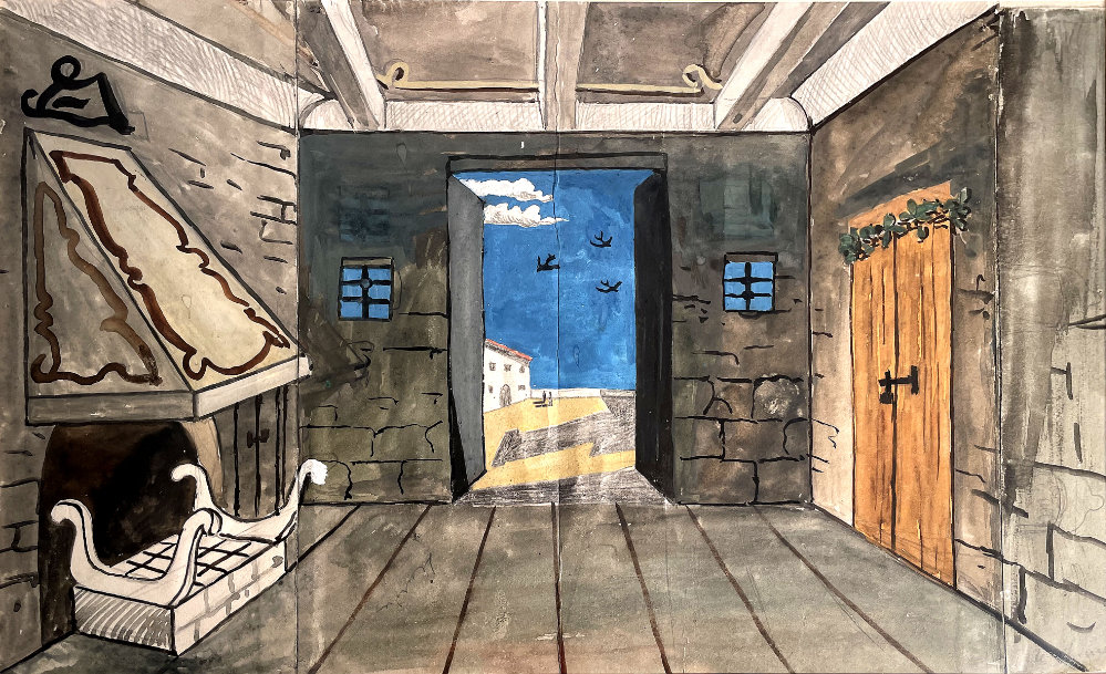 Giorgio de Chirico Bozzetto per la Figlia di Jorio, bozzetto di scena_ “Atto III” 1934 acquarello e matita su carta 32,5x50,4 cm