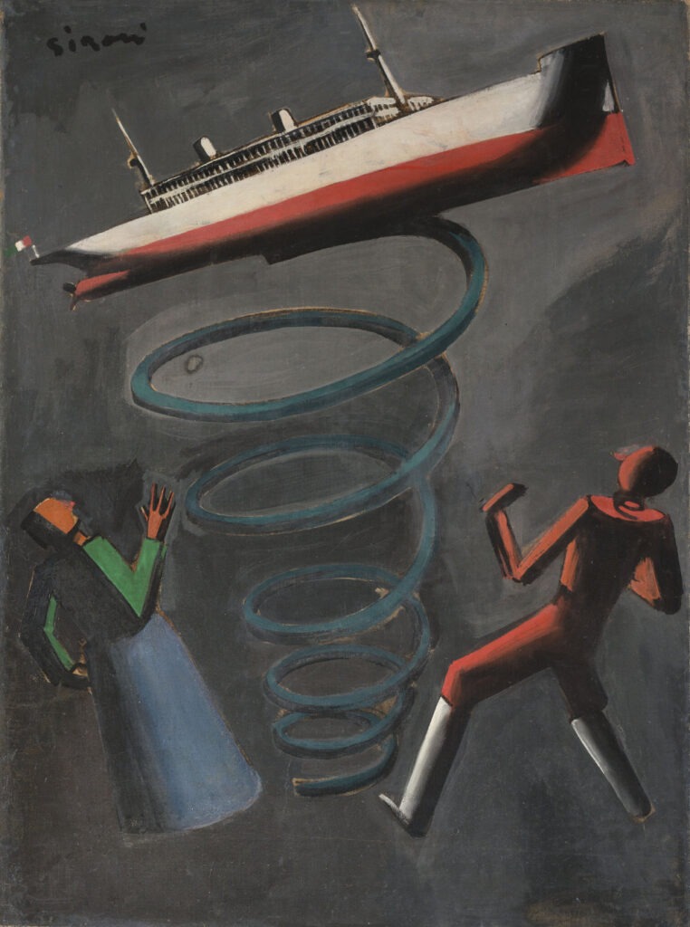 Mario Sironi Il sogno dell’emigrante, Tavola non pubblicata per la rivista de “Le Industrie italiane illustrate” 1920 circa tempera e olio su carta intelata 101x75 cm
